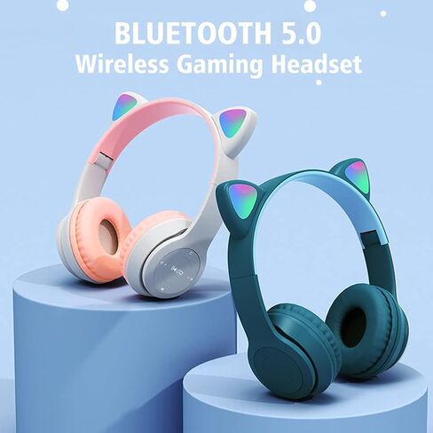 سماعات رأس للأطفال، سماعة أذن Cat Ear LED تضيء بلوتوث 5.0 سماعة ألعاب لاسلكية قابلة للطي للأطفال البالغين، ميكروفون مدمج مريح لإلغاء الضوضاء فوق سماعات الأذن (أرجواني) in Kuwait