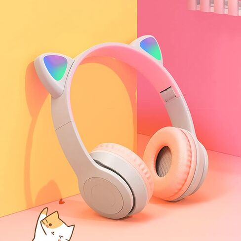 سماعات رأس للأطفال، سماعة أذن Cat Ear LED تضيء بلوتوث 5.0 سماعة ألعاب لاسلكية قابلة للطي للأطفال البالغين، ميكروفون مدمج مريح لإلغاء الضوضاء فوق سماعات الأذن (أرجواني) in Kuwait