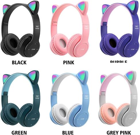 سماعات رأس للأطفال، سماعة أذن Cat Ear LED تضيء بلوتوث 5.0 سماعة ألعاب لاسلكية قابلة للطي للأطفال البالغين، ميكروفون مدمج مريح لإلغاء الضوضاء فوق سماعات الأذن (أرجواني) in Kuwait