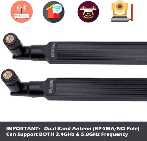 هوائي WiFi TECHTOO ثنائي النطاق 9 dBi 2.4/5.8 جيجا هرتز W/ 2 x U.FL/IPEX إلى SMA Jack لبطاقات PCI Mini PCIe - جهاز التوجيه AP - كاميرا IP للأمان - محول بطاقة USB - سطح المكتب للكمبيوتر الشخصي - الطائرة بدون طيار - إصدار PS4 (2- علية) in Kuwait
