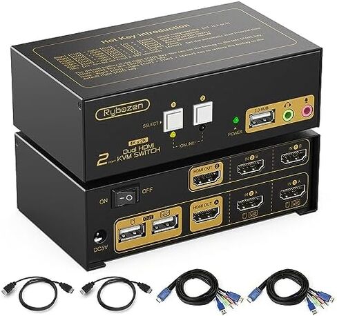 مفتاح KVM 2 جهاز كمبيوتر وشاشتين، 2 منفذ 4K@30 هرتز HDMI KVM Switch شارك 3 أجهزة USB، شاشة ممتدة، مفاتيح KVM تدعم مفتاح التشغيل السريع للوحة المفاتيح وتبديل زر اللوحة، مع منفذ الصوت والمقبس in Kuwait