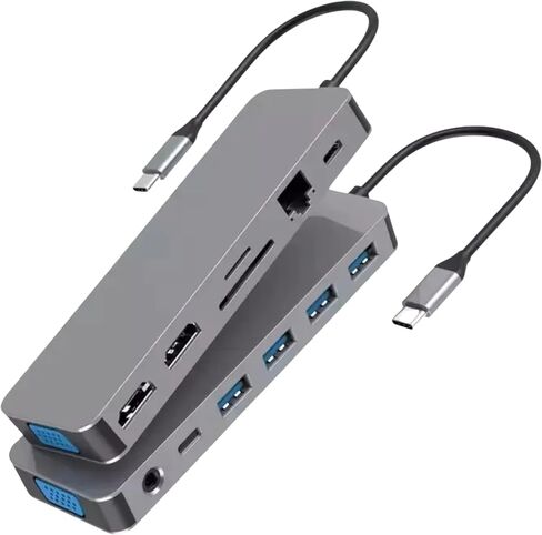 محور USB C 11 في 1، محطة إرساء، دونجل محول USB C مع 4K-HDMI، VGA، منفذ USB 3.0، شحن PD من النوع C، إيثرنت RJ45، قارئ بطاقة SD/TF، ​​AUX 3.5 مم، متوافق مع MacBook Pro/ الهواء، كمبيوتر محمول من النوع C in Kuwait