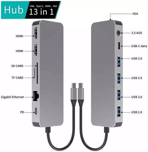 محور USB C 11 في 1، محطة إرساء، دونجل محول USB C مع 4K-HDMI، VGA، منفذ USB 3.0، شحن PD من النوع C، إيثرنت RJ45، قارئ بطاقة SD/TF، ​​AUX 3.5 مم، متوافق مع MacBook Pro/ الهواء، كمبيوتر محمول من النوع C in Kuwait