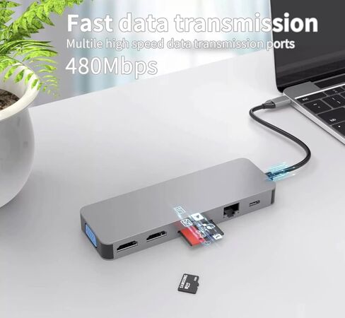 محور USB C 11 في 1، محطة إرساء، دونجل محول USB C مع 4K-HDMI، VGA، منفذ USB 3.0، شحن PD من النوع C، إيثرنت RJ45، قارئ بطاقة SD/TF، ​​AUX 3.5 مم، متوافق مع MacBook Pro/ الهواء، كمبيوتر محمول من النوع C in Kuwait