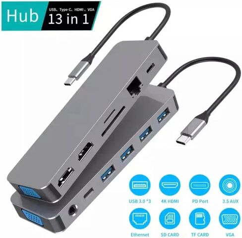 محور USB C 11 في 1، محطة إرساء، دونجل محول USB C مع 4K-HDMI، VGA، منفذ USB 3.0، شحن PD من النوع C، إيثرنت RJ45، قارئ بطاقة SD/TF، ​​AUX 3.5 مم، متوافق مع MacBook Pro/ الهواء، كمبيوتر محمول من النوع C in Kuwait