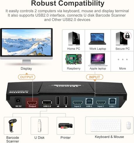 محول TESmart HDMI 4K@60 هرتز Ultra HD 2x1 HDMI KVM 3840x2160@60 هرتز 4:4:4 مع قطعتين من كابلات KVM بطول 5 أقدام يدعم أجهزة USB 2.0 للتحكم في ما يصل إلى جهازي كمبيوتر/خوادم/DVR (رمادي) in Kuwait