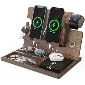 BARVA Multi Model SmartWatch Charging Point Wood Docking Station Nightstand Organizer 2 Phone Wallet Watch Stand Key Holder Tablet Tech Gadgets Bedside Charging Dock Birthday Accessories Gifts for Men