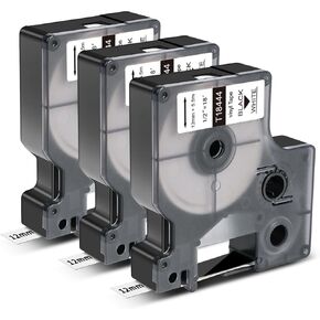 Topcolor 3-Pack متوافق مع شريط الملصقات الصناعية لرينو 18444 شريط ملصقات الفينيل الدائم 12 مم أسود على أبيض لرينو 4200 5200 5000 6000 صانع الملصقات، 1/2 بوصة × 18 قدم in Kuwait