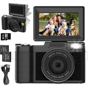 4K Digital Camera for Photography, Autofocus 48MP Vlogging Camera for YouTube with 16X Digital Zoom Macro Camera, 3’’180°Flip Screen Compact Video Camera with Liftable Flash, SD Card&2 Batteries in Saudi Arabia