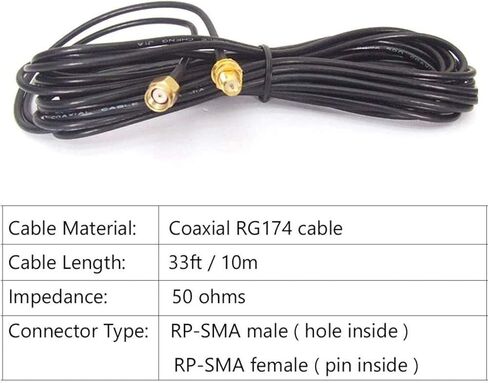 كيبل تمديد محوري واي فاي RP-SMA بطول 33 قدم (10 متر) لراوتر واي فاي LAN WAN RG174 - عبوة من قطعتين in Kuwait