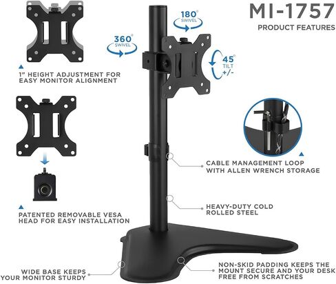 Mount-It! Free Standing Monitor Stand for Desktops | Single Monitor Mount | VESA 75 100 Compatible Displays | Height Adjustable Tilt Swivel Rotating | Fits 21.5 23 24 27 28 29 32 Inch Computer Screen in Saudi Arabia