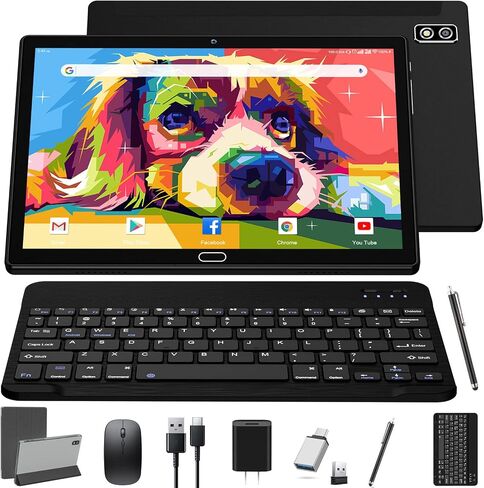 10 Inch Tablet Android 11 Tablets, 2 in 1 Tablet PC with 4+64/128GB Storage Octa-Core, Dual Sim Card Slots Tablet with Keyboard, 13MP Camera, 6000mAh Battery, GPS, Bluetooth, WiFi, Case Included in Saudi Arabia
