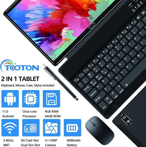 10 Inch Tablet Android 11 Tablets, 2 in 1 Tablet PC with 4+64/128GB Storage Octa-Core, Dual Sim Card Slots Tablet with Keyboard, 13MP Camera, 6000mAh Battery, GPS, Bluetooth, WiFi, Case Included in Saudi Arabia