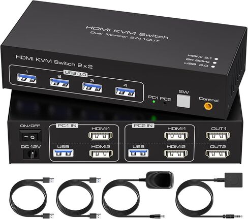 8K @ 60 هرتز HDMI kvm Switch 2 شاشات 2 أجهزة كمبيوتر 4K @ 120 هرتز USB 3.0 KVM Switcher شاشة مزدوجة مع 4 منافذ USB تدعم وضع النسخ الممتد ووحدة التحكم السلكية 12V DC محول 2 كابلات USB متضمنة... in Kuwait