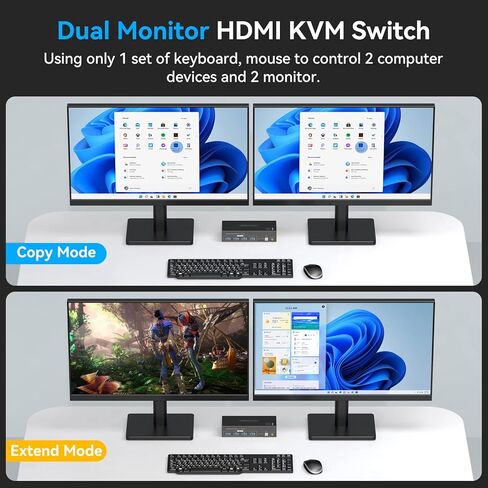 8K @ 60 هرتز HDMI kvm Switch 2 شاشات 2 أجهزة كمبيوتر 4K @ 120 هرتز USB 3.0 KVM Switcher شاشة مزدوجة مع 4 منافذ USB تدعم وضع النسخ الممتد ووحدة التحكم السلكية 12V DC محول 2 كابلات USB متضمنة... in Kuwait
