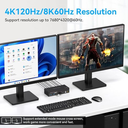 8K @ 60 هرتز HDMI kvm Switch 2 شاشات 2 أجهزة كمبيوتر 4K @ 120 هرتز USB 3.0 KVM Switcher شاشة مزدوجة مع 4 منافذ USB تدعم وضع النسخ الممتد ووحدة التحكم السلكية 12V DC محول 2 كابلات USB متضمنة... in Kuwait