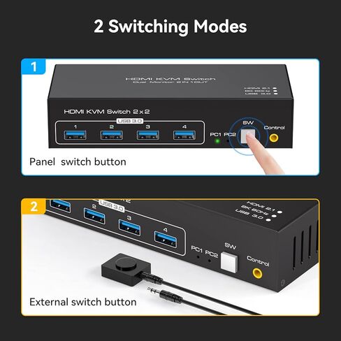 8K @ 60 هرتز HDMI kvm Switch 2 شاشات 2 أجهزة كمبيوتر 4K @ 120 هرتز USB 3.0 KVM Switcher شاشة مزدوجة مع 4 منافذ USB تدعم وضع النسخ الممتد ووحدة التحكم السلكية 12V DC محول 2 كابلات USB متضمنة... in Kuwait