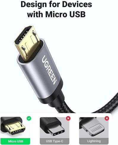 UGREEN Micro USB Cable, 6FT High Speed Fast Charging USB Cable, Nylon Braided Durable Android Phone Charger Cord, Compatible with Samsung Galaxy S7 S6 Note LG V10 Tablet PS4 MP3 in Kuwait