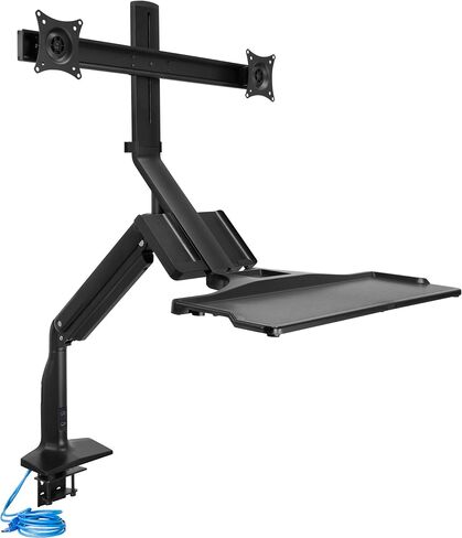 Mount-It! Dual Monitor Sit Stand Workstation with Gas Spring Arm | Height Adjustable Standing Desk Converter | 2 Integrated USB 3.0 Ports | VESA 75 100 | C-Clamp and Grommet Base in Saudi Arabia