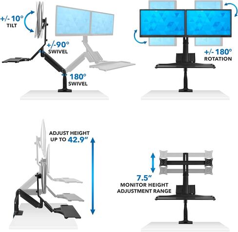 Mount-It! Dual Monitor Sit Stand Workstation with Gas Spring Arm | Height Adjustable Standing Desk Converter | 2 Integrated USB 3.0 Ports | VESA 75 100 | C-Clamp and Grommet Base in Saudi Arabia