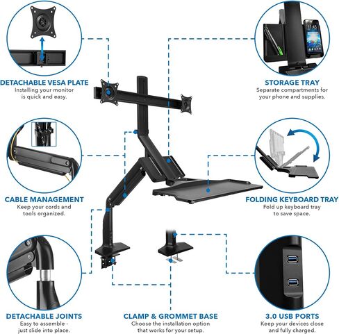 Mount-It! Dual Monitor Sit Stand Workstation with Gas Spring Arm | Height Adjustable Standing Desk Converter | 2 Integrated USB 3.0 Ports | VESA 75 100 | C-Clamp and Grommet Base in Saudi Arabia