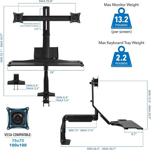 Mount-It! Dual Monitor Sit Stand Workstation with Gas Spring Arm | Height Adjustable Standing Desk Converter | 2 Integrated USB 3.0 Ports | VESA 75 100 | C-Clamp and Grommet Base in Saudi Arabia