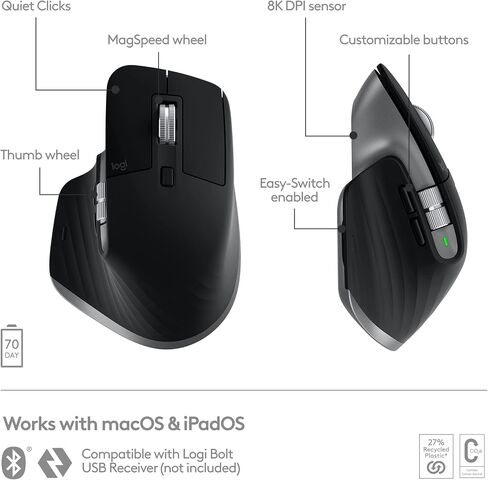 Logitech MX Master 3 – Advanced Wireless Mouse for Mac, Ultrafast Scrolling, Ergonomic Design, 4000 DPI, Customisation, USB-C, Bluetooth, MacBook Pro,Macbook Air,iMac, iPad Compatible - Space Grey in Saudi Arabia