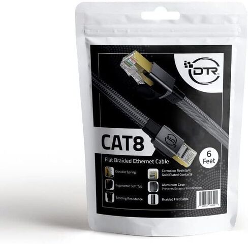 كابل إيثرنت مضفر من النايلون المسطح من CAT 8 بطول 6 أقدام مرن RJ45 بسرعة 40 جيجابت في الثانية 2000 ميجاهرتز عالي السرعة وشديد التحمل Cat8 للإنترنت LAN سلك توصيل مسطح محمي في الجدار داخلي وخارجي لألعاب مودم جهاز التوجيه in Kuwait