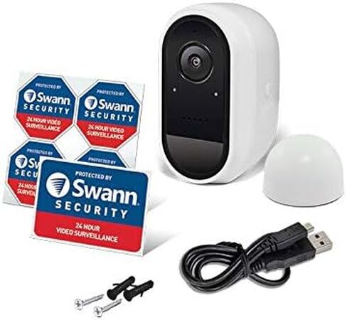 كاميرا مراقبة Swann خالية من الأسلاك بدقة 1080 بكسل عالية الدقة للاستخدام الداخلي والخارجي وقابلة لإعادة الشحن ومقاومة للماء مع رؤية ليلية، ومحادثة ثنائية الاتجاه، والحرارة، واكتشاف الحركة والشخص، وتسجيل سحابي ومحلي مجاني. in Kuwait