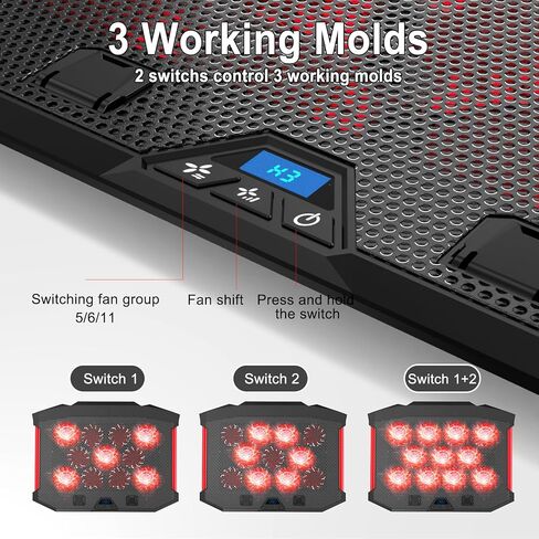 LIENS Laptop Cooling Pad, Laptop Cooler with 11 Quiet Fans for 12-17 Inch Notebook Gaming Fan Stable Stand, 8 Height & Wind Speed Adjustable, 2 USB Port (Black) in Kuwait