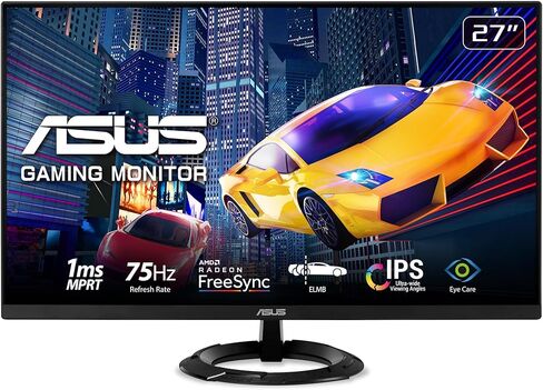 شاشة الألعاب ASUS مقاس 27 بوصة بدقة 1080 بكسل (VZ279QG1R) - دقة عالية كاملة، IPS، 75 هرتز، 1 مللي ثانية، ضبابية الحركة المنخفضة للغاية، FreeSync، العناية بالعين، منفذ DisplayPort، HDMI، قابلة للإمالة، نحيفة للغاية، أسود in Kuwait