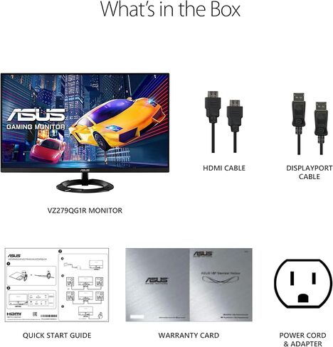 شاشة الألعاب ASUS مقاس 27 بوصة بدقة 1080 بكسل (VZ279QG1R) - دقة عالية كاملة، IPS، 75 هرتز، 1 مللي ثانية، ضبابية الحركة المنخفضة للغاية، FreeSync، العناية بالعين، منفذ DisplayPort، HDMI، قابلة للإمالة، نحيفة للغاية، أسود in Kuwait