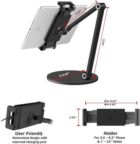 حامل مكتب للكمبيوتر اللوحي MagicHold من الألومنيوم بذراع طويل متوافق مع iPhone/iPad/iPad Mini/iPad Pro 12.9 بوصة/ أي هاتف/أجهزة لوحية/قارئ كتب إلكترونية 4-13 بوصة، دوران 360 درجة للمنزل والمكتب والمطبخ (أسود) in Kuwait