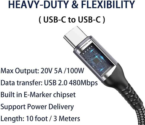 كابل USB C إلى USB C بطول 15 قدم 100 وات/5 أمبير، شحن سريع من النوع C، سلك شاحن PD لهاتف iPhone 15 Pro Max، MacBook Air 13"، iMac، iPad Pro/Air، Samsung Galaxy Note 20 10 S23 S22، OnePlus 9 8T، Pixel 5، PS5، أجهزة إكس بوكس، السطح in Kuwait