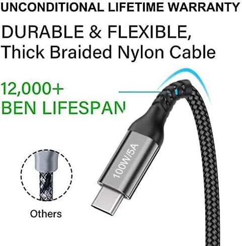 كابل USB C إلى USB C بطول 15 قدم 100 وات/5 أمبير، شحن سريع من النوع C، سلك شاحن PD لهاتف iPhone 15 Pro Max، MacBook Air 13"، iMac، iPad Pro/Air، Samsung Galaxy Note 20 10 S23 S22، OnePlus 9 8T، Pixel 5، PS5، أجهزة إكس بوكس، السطح in Kuwait