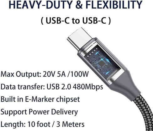 كابل USB C إلى USB C بطول 15 قدم 100 وات/5 أمبير، شحن سريع من النوع C، سلك شاحن PD لهاتف iPhone 15 Pro Max، MacBook Air 13"، iMac، iPad Pro/Air، Samsung Galaxy Note 20 10 S23 S22، OnePlus 9 8T، Pixel 5، PS5، أجهزة إكس بوكس، السطح in Kuwait
