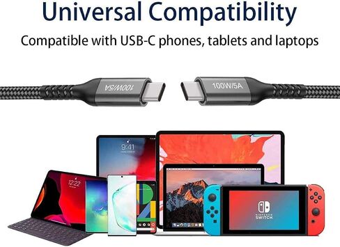 كابل USB C إلى USB C بطول 15 قدم 100 وات/5 أمبير، شحن سريع من النوع C، سلك شاحن PD لهاتف iPhone 15 Pro Max، MacBook Air 13"، iMac، iPad Pro/Air، Samsung Galaxy Note 20 10 S23 S22، OnePlus 9 8T، Pixel 5، PS5، أجهزة إكس بوكس، السطح in Kuwait