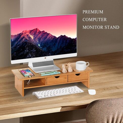 Monitor Stand Riser Desk Organizer-Bamboo 2 Tier Laptop Stand With Drawers, Adjustable Desktop Storage Organizer For Computer, Printer, Cellphone-Use In Office,Home /Reduce Neck &Eye Strain(Basic) in Kuwait