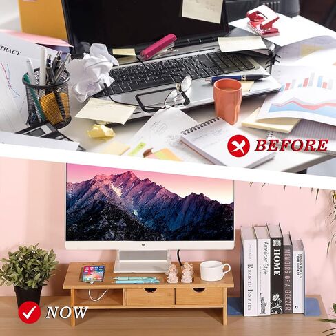 Monitor Stand Riser Desk Organizer-Bamboo 2 Tier Laptop Stand With Drawers, Adjustable Desktop Storage Organizer For Computer, Printer, Cellphone-Use In Office,Home /Reduce Neck &Eye Strain(Basic) in Kuwait