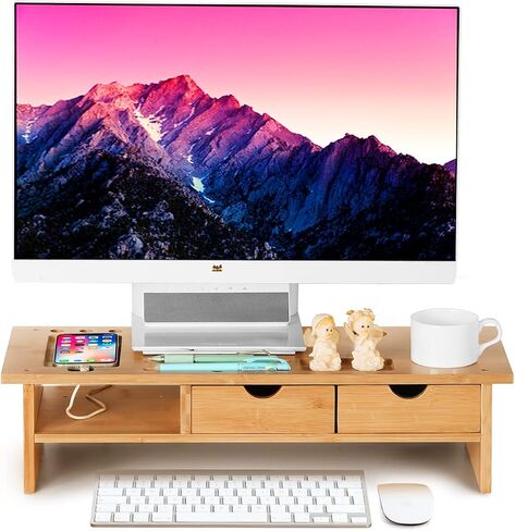 Monitor Stand Riser Desk Organizer-Bamboo 2 Tier Laptop Stand With Drawers, Adjustable Desktop Storage Organizer For Computer, Printer, Cellphone-Use In Office,Home /Reduce Neck &Eye Strain(Basic) in Kuwait