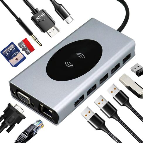 قاعدة شحن USB C 13 في 1 محول دونجل متعدد المنافذ مع 5 منافذ USB HDMI VGA RJ45 SD/TF صوت لماك بوك لينوفو ديل اتش بي سيرفس لاب توب in Kuwait