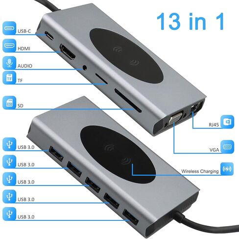 قاعدة شحن USB C 13 في 1 محول دونجل متعدد المنافذ مع 5 منافذ USB HDMI VGA RJ45 SD/TF صوت لماك بوك لينوفو ديل اتش بي سيرفس لاب توب in Kuwait