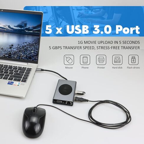 قاعدة شحن USB C 13 في 1 محول دونجل متعدد المنافذ مع 5 منافذ USB HDMI VGA RJ45 SD/TF صوت لماك بوك لينوفو ديل اتش بي سيرفس لاب توب in Kuwait