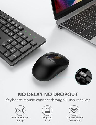 لوحة مفاتيح وماوس لاسلكية SABLUTE، مجموعة ماوس ولوحة مفاتيح لاسلكية كاملة الحجم، مجموعة ماوس لوحة مفاتيح لاسلكية USB 2.4 جيجا هرتز لأجهزة الكمبيوتر المكتبية وأجهزة الكمبيوتر المحمولة والنوافذ (أسود) in Kuwait