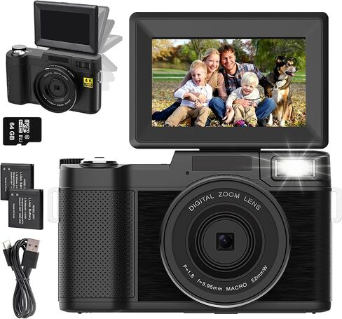 4K Digital Camera for Photography, Autofocus 48MP Vlogging Camera for YouTube with 16X Digital Zoom Macro Camera, 3’’180°Flip Screen Compact Video Camera with Liftable Flash, SD Card&2 Batteries in Saudi Arabia