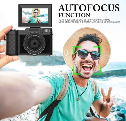 4K Digital Camera for Photography, Autofocus 48MP Vlogging Camera for YouTube with 16X Digital Zoom Macro Camera, 3’’180°Flip Screen Compact Video Camera with Liftable Flash, SD Card&2 Batteries in Saudi Arabia