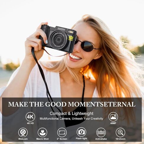 4K Digital Camera for Photography, Autofocus 48MP Vlogging Camera for YouTube with 16X Digital Zoom Macro Camera, 3’’180°Flip Screen Compact Video Camera with Liftable Flash, SD Card&2 Batteries in Saudi Arabia
