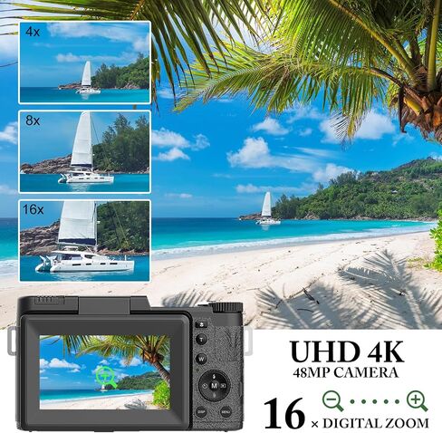 4K Digital Camera for Photography, Autofocus 48MP Vlogging Camera for YouTube with 16X Digital Zoom Macro Camera, 3’’180°Flip Screen Compact Video Camera with Liftable Flash, SD Card&2 Batteries in Saudi Arabia