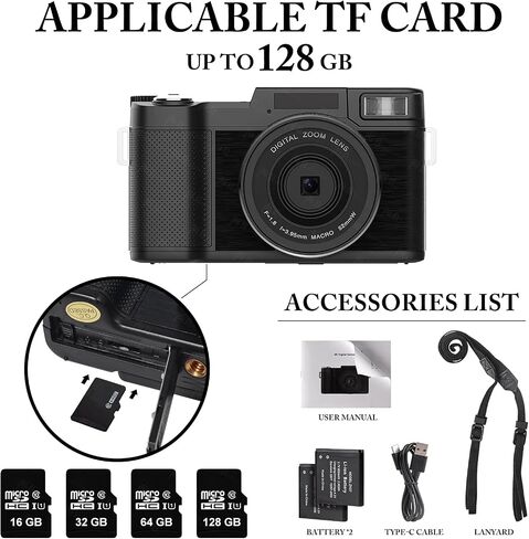 4K Digital Camera for Photography, Autofocus 48MP Vlogging Camera for YouTube with 16X Digital Zoom Macro Camera, 3’’180°Flip Screen Compact Video Camera with Liftable Flash, SD Card&2 Batteries in Saudi Arabia
