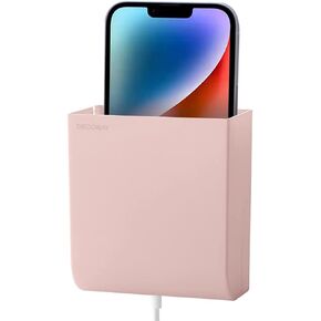 حامل هاتف مثبت على الحائط من Decobay D4، حامل هاتف مع فتحة استقبال لاصقة وكابل بيانات، حامل هاتف للاستحمام والشحن وRV، متوافق مع iPhone وجهاز التحكم عن بعد للتلفزيون والهاتف الذكي والمزيد (أبيض)